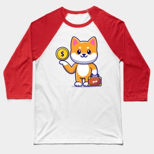 Cute Shiba Inu Dog With Gold Coin And Suitcase Cartoon Baseball T-Shirt